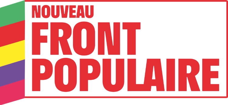 Logo du Nouveau Front Populaire avec les couleurs symboliques des courants de gauche : rouge pour les communistes, rose pour les socialiste, jaune pour place publique, violet pour la france insoumise et vert pour les écologistes